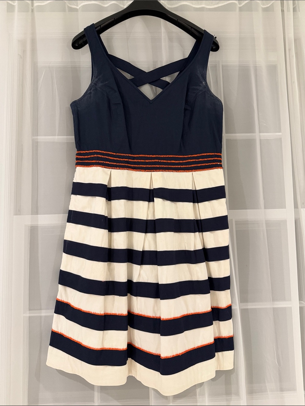 Anthropologie (Leifnotes) Navy and Ivory Striped Dress with Orange Beaded Accent